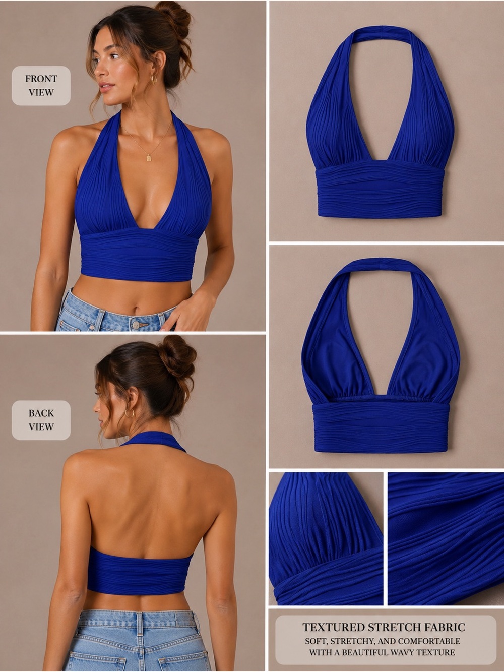 NEW CCB Cobalt Blue Textured Crop Halter Backless V-Neck Stretch Top Small S